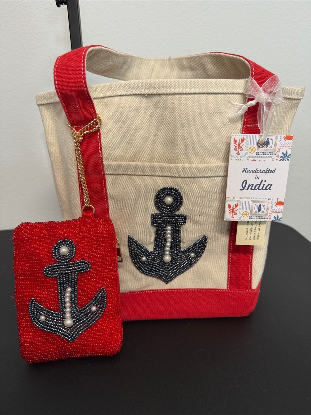Handcrafted In India | Mini Canvas Tote w/ Beaded Anchor & Matching Wallet ⚓️